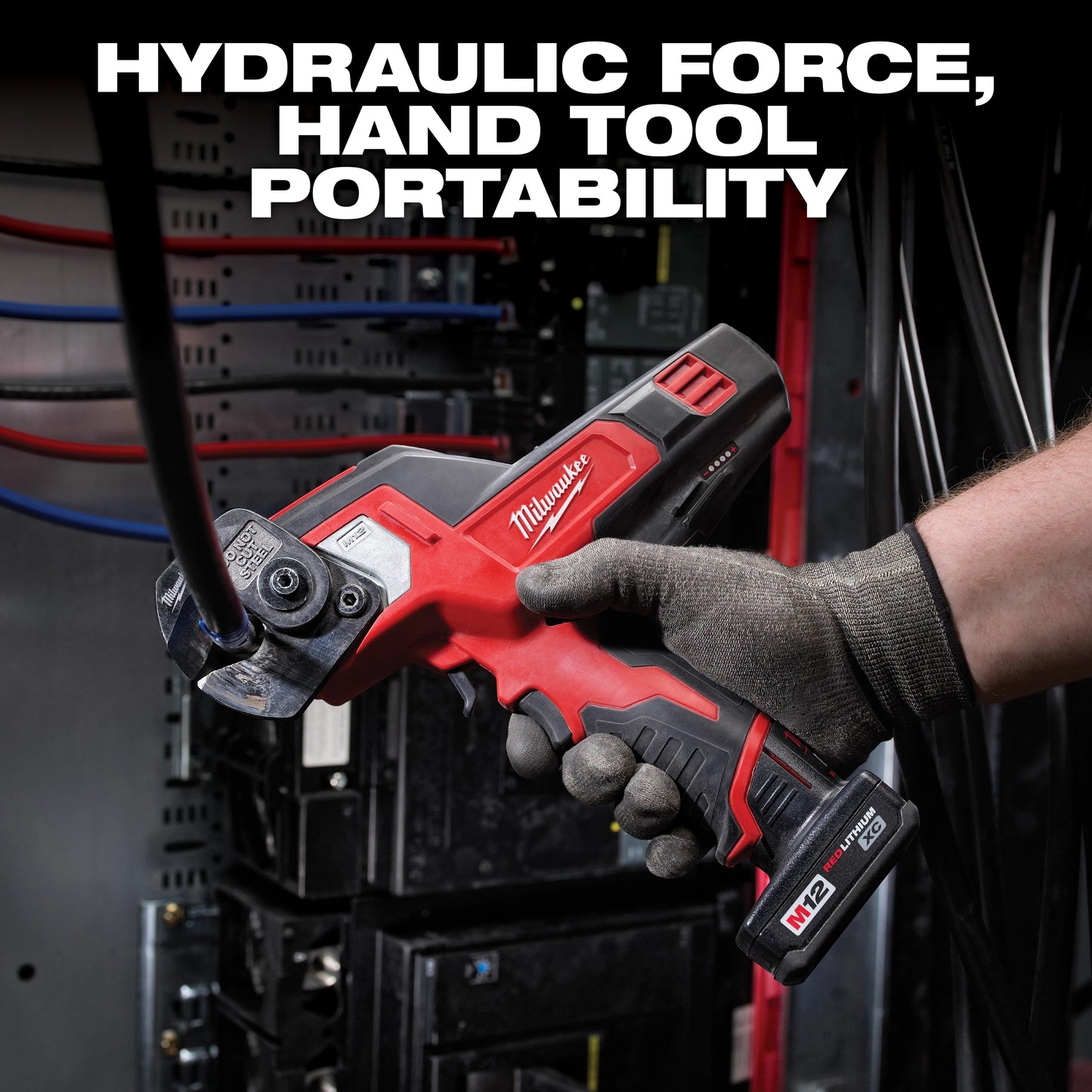 Milwaukee M12 REDLITHIUM 2472-21XC Cordless Cable Cutter Kit, 600 kcmil Copper, 750 kcmil Aluminum, 1-3/16 in Communication Cable Cutting, 12 VDC, 3 Ah Li-Ion Battery