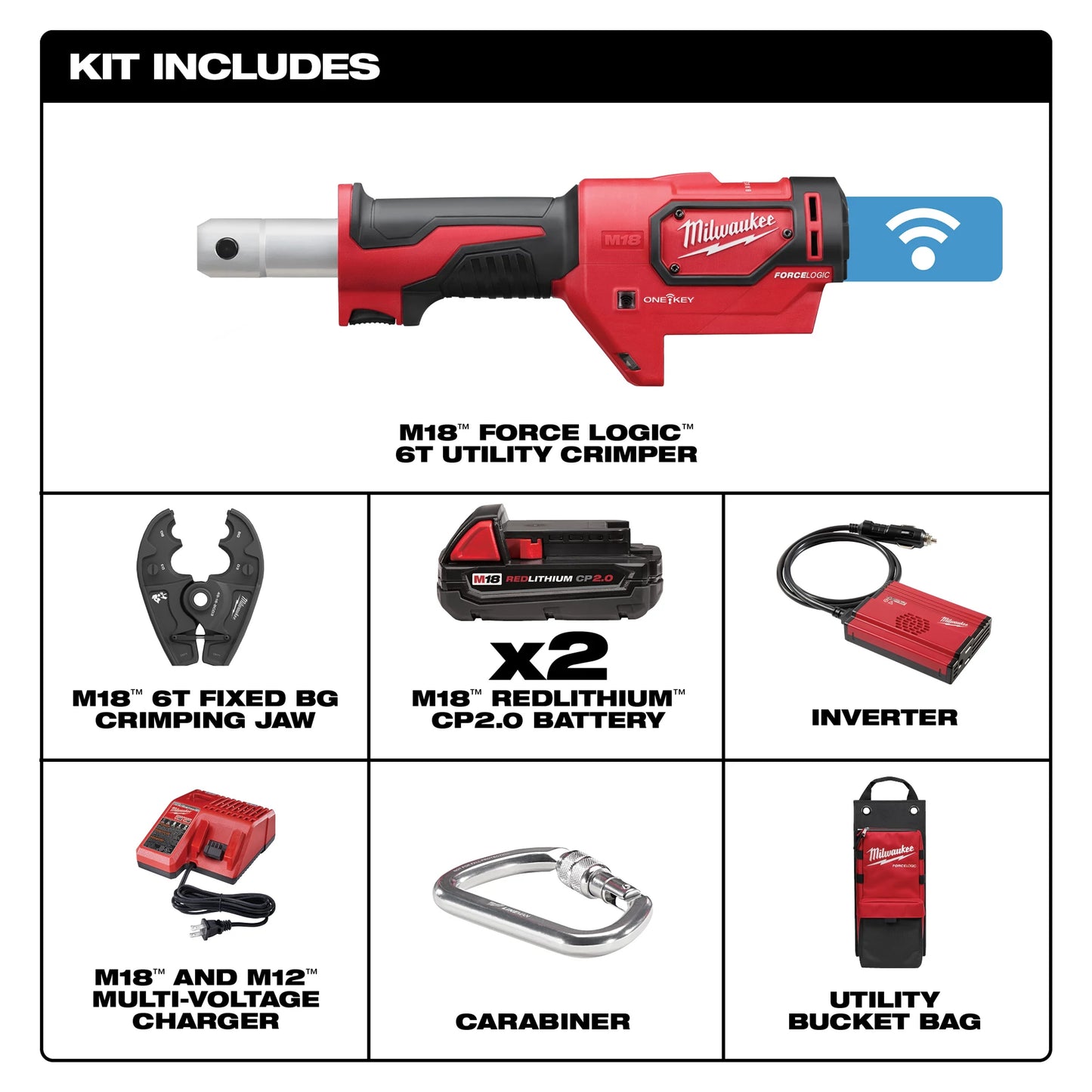 Milwaukee M18 FORCE LOGIC 2678-22BG Utility Crimping Kit With D3 Grooves and Fixed BG Die, 6 ton Crimping, 18 VDC, Li-Ion Battery