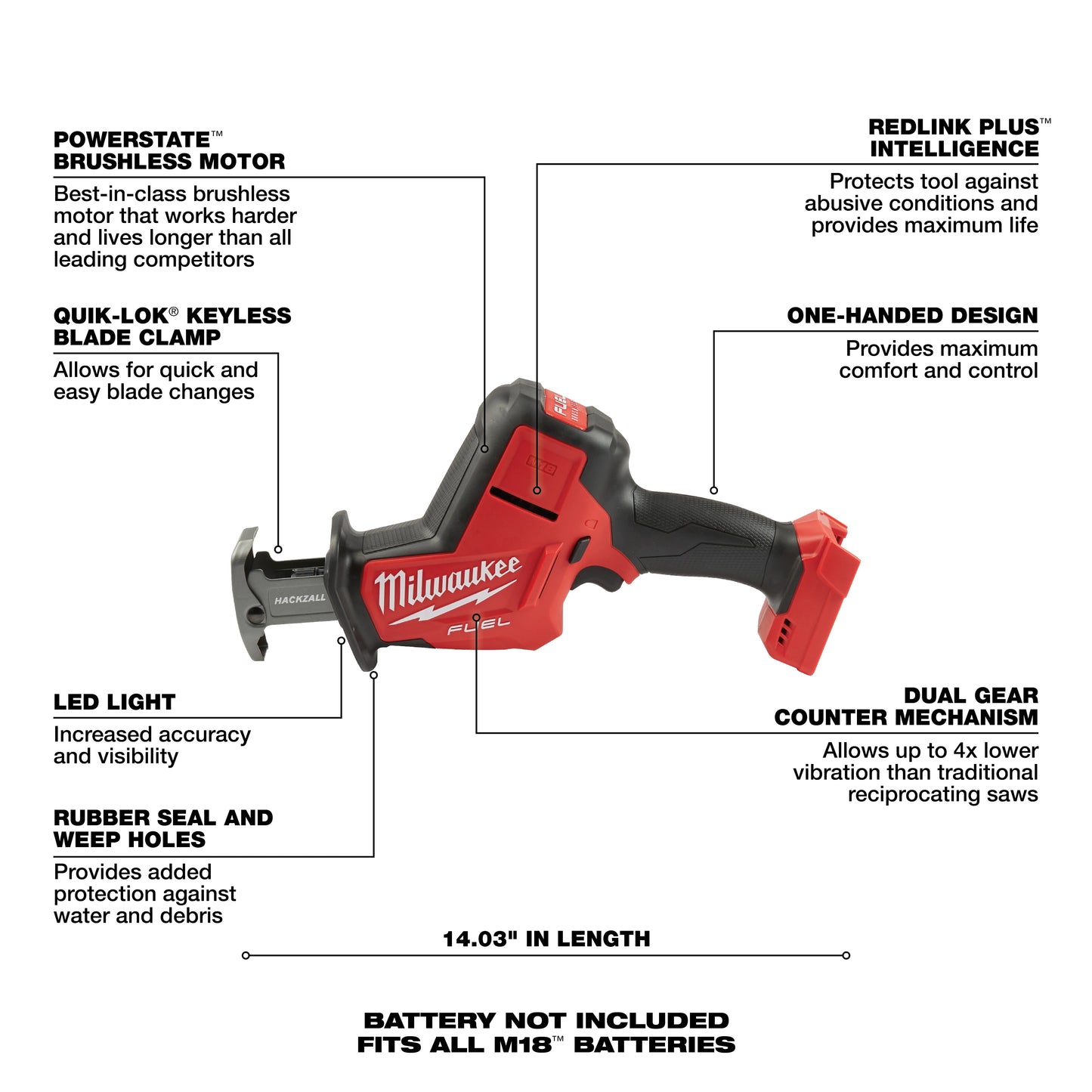 Milwaukee 2719-20 Cordless Reciprocating Saw, 7/8 in L Stroke, 0 to 3000 spm, Straight Stroke, 18 VDC, 6-1/2 in OAL