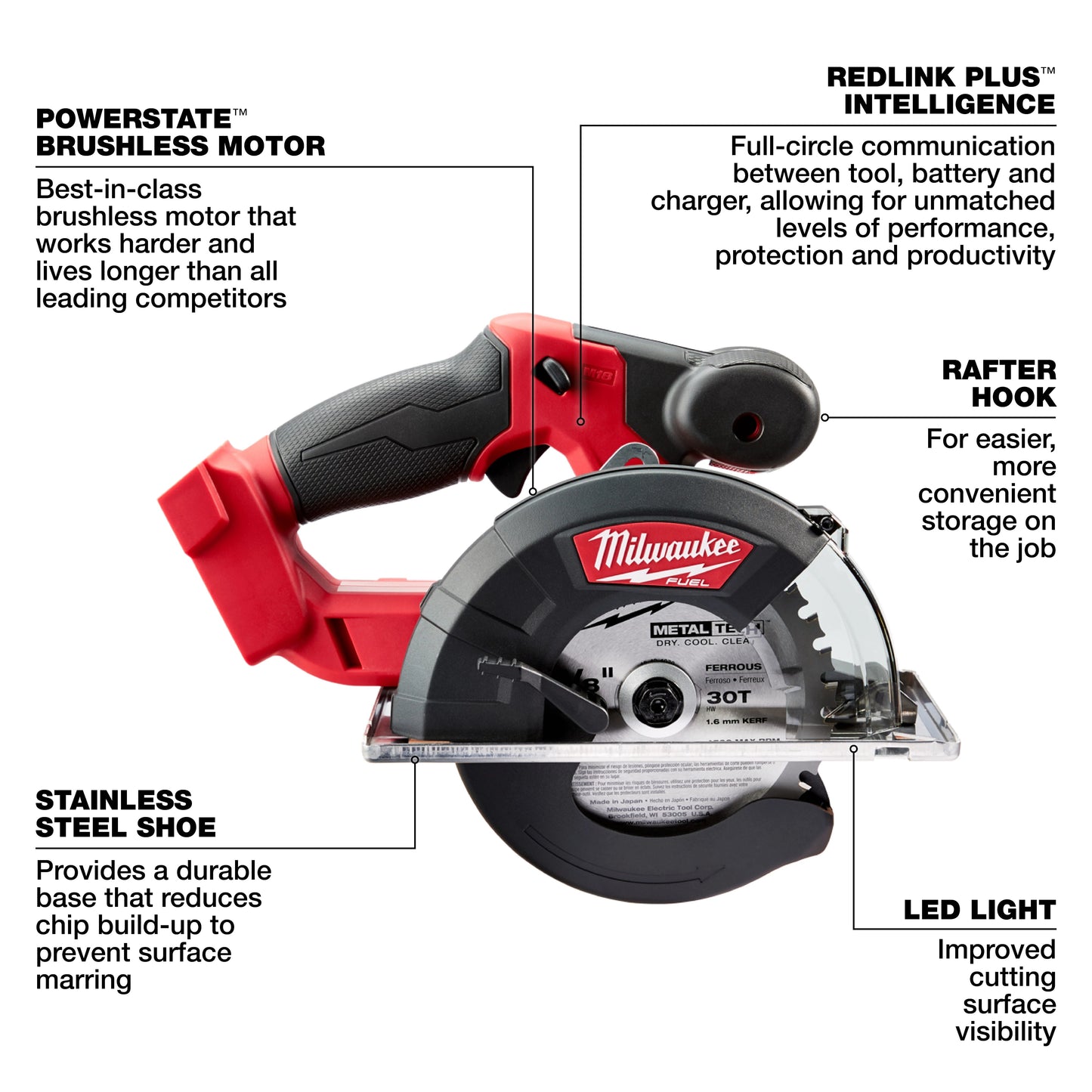 Milwaukee M18 FUEL 2782-20 Cordless Circular Saw, 5-3/8 in, 5-7/8 in Blade, 20 mm Arbor/Shank, 18 VDC, 2 in D Cutting, Li-Ion Battery, Right Blade Side