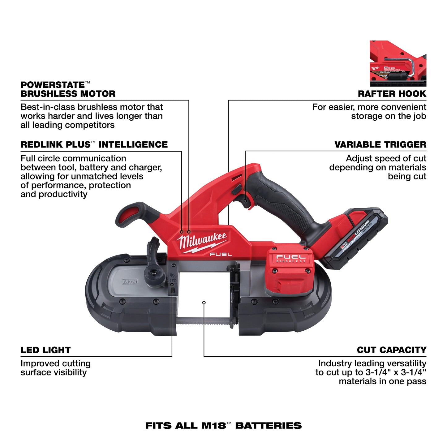 Milwaukee M18 FUEL 2829-22 Compact Cordless Portable Band Saw, 3-1/4 in Cutting, 35-3/8 in L Blade, 18 VDC, 3 Ah Li-Ion Battery