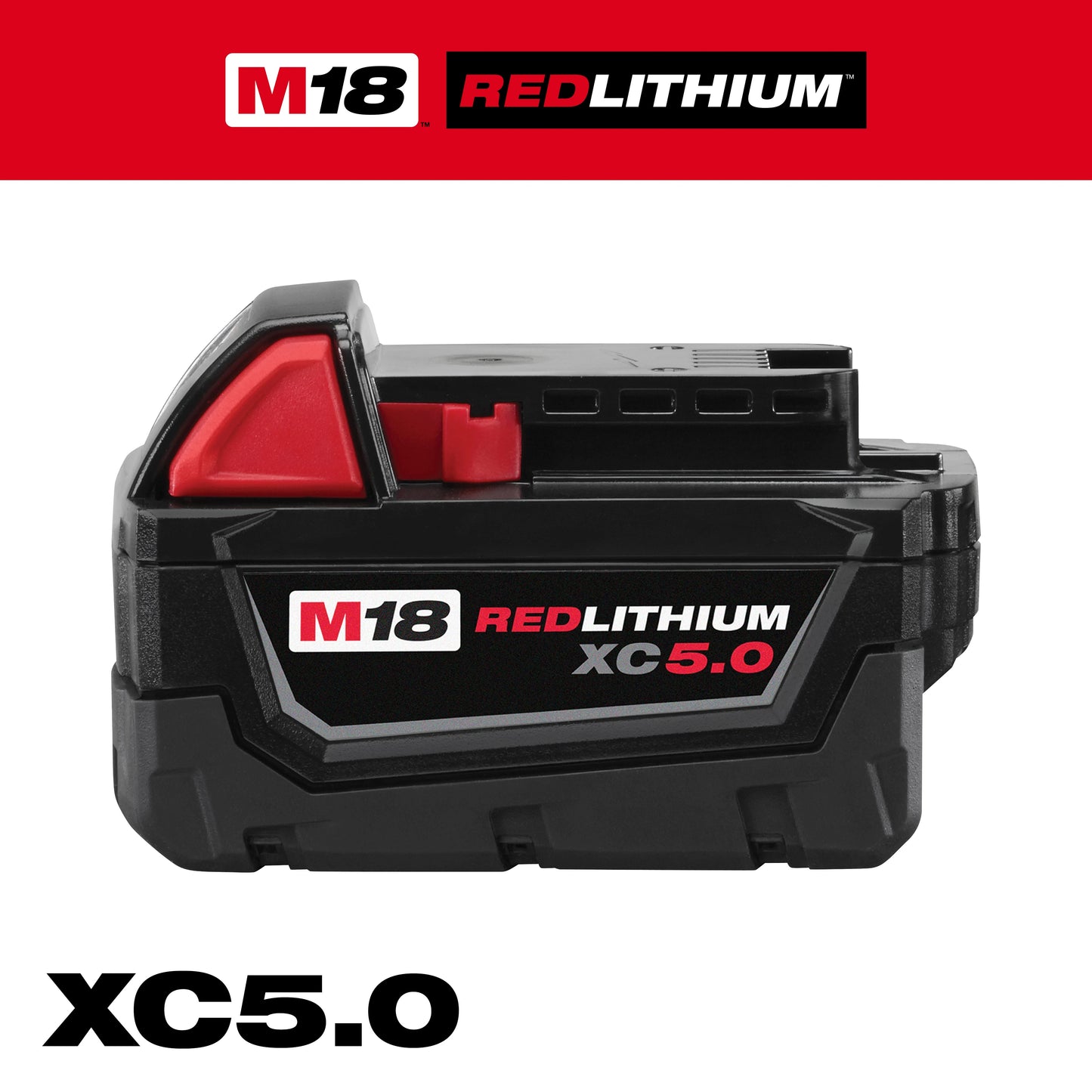 Milwaukee M18 REDLITHIUM 48-11-1850 Rechargeable Cordless Battery Pack, 5 Ah Li-Ion Battery, 18 VDC Charge, For Use With M18 Cordless Power Tool