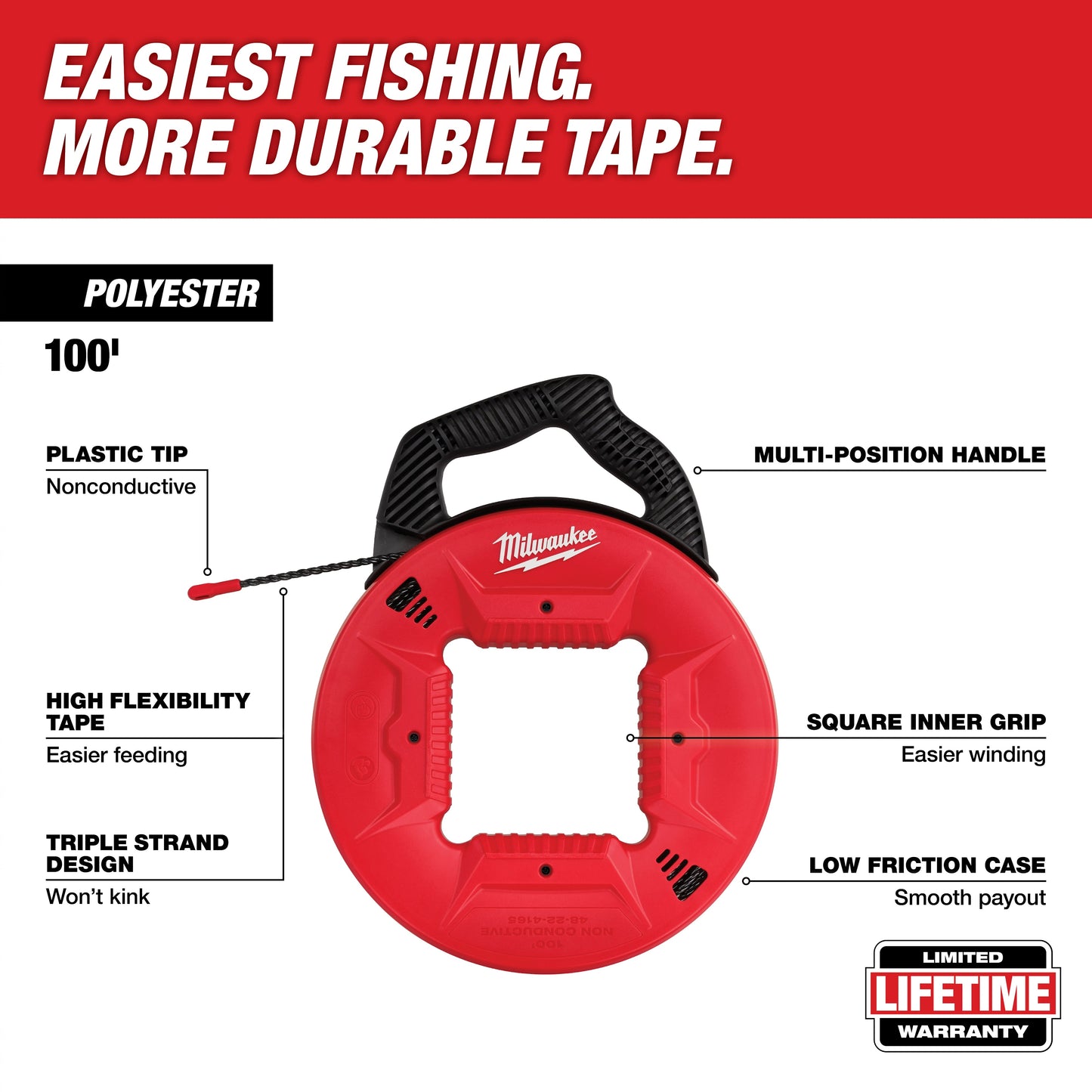 Milwaukee 48-22-4165 Fish Tape With Non-Conductive Tip, 100 ft L Tape, Round Profile, Polyester Tape, Black/Red