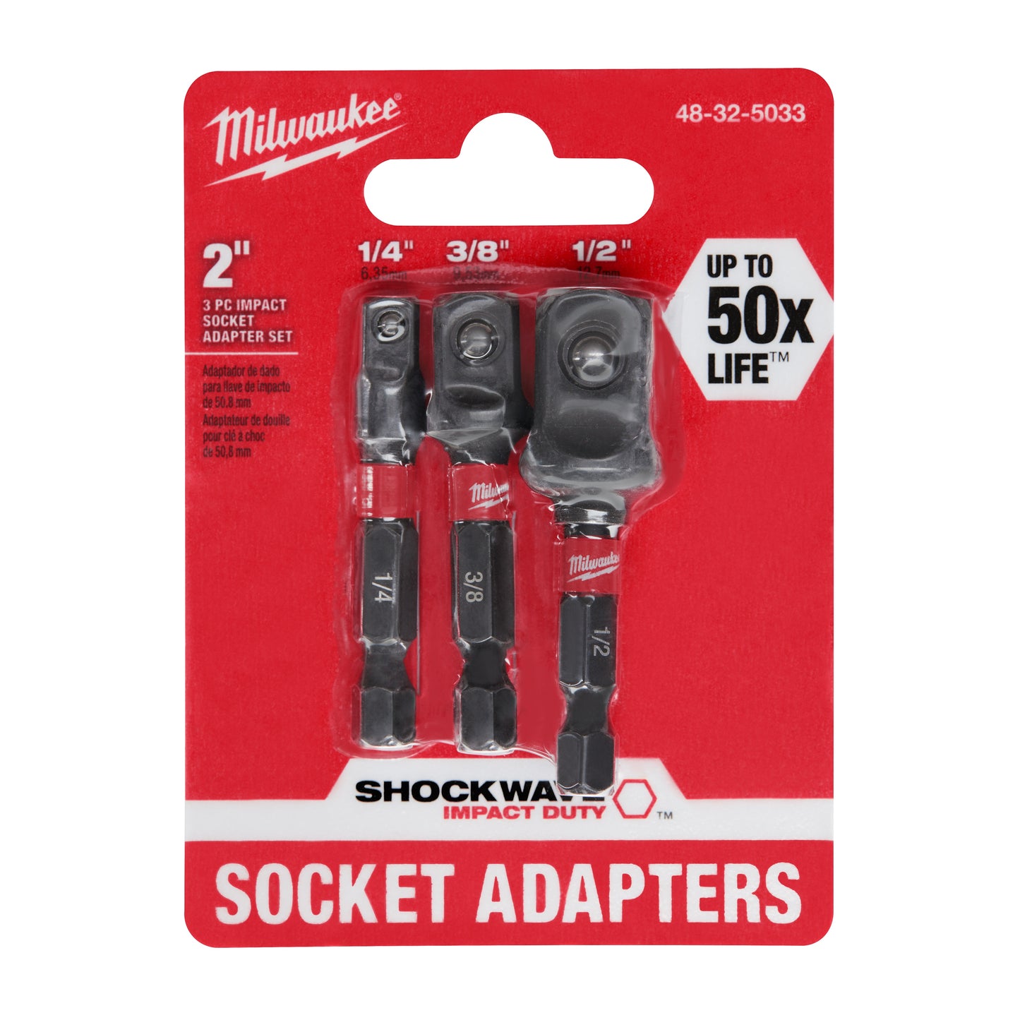 Milwaukee SHOCKWAVE 48-32-5033 3-Piece Hex Shank Socket Adapter Set, 1/4 in Male Drive, 1/4 in Female Drive, Steel