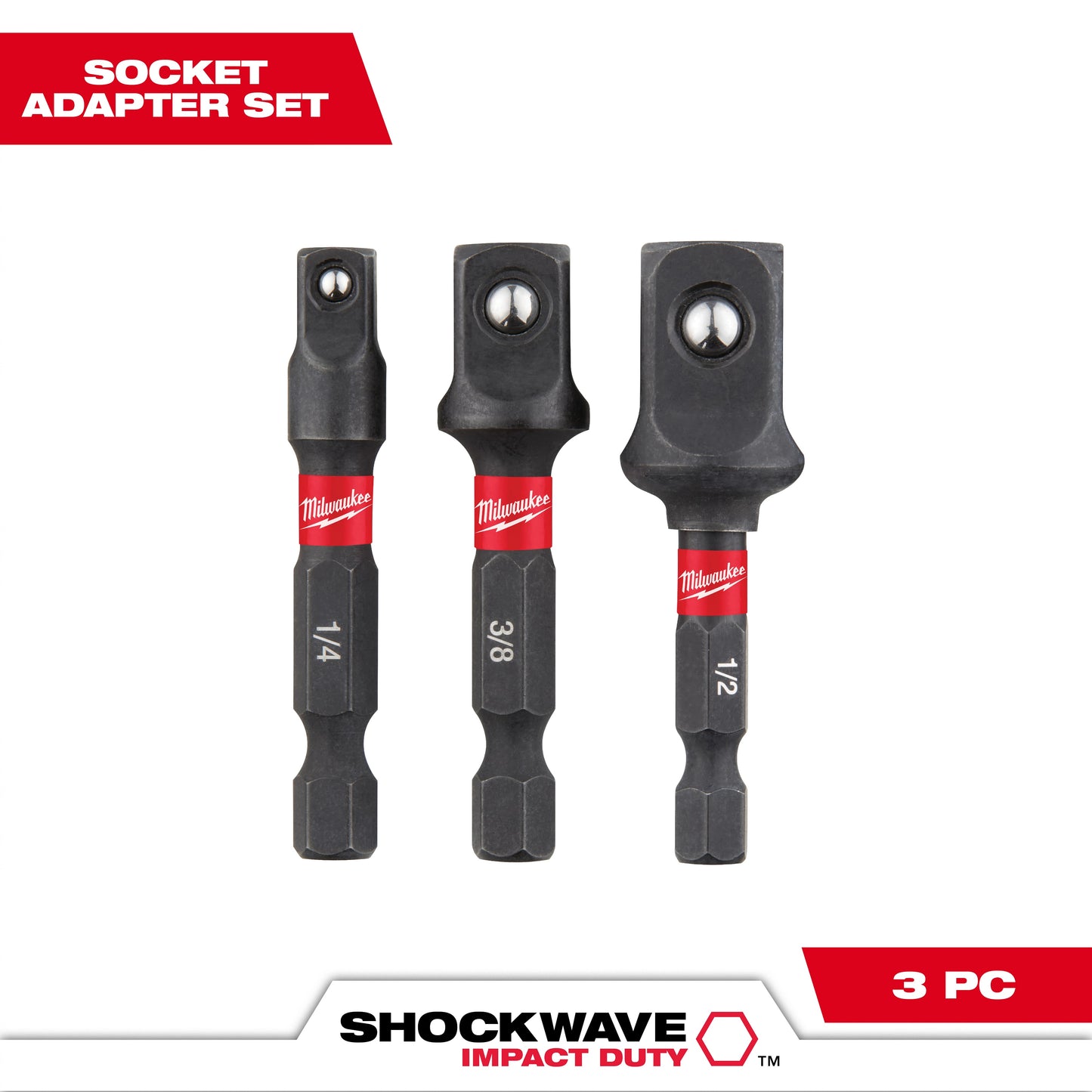 Milwaukee SHOCKWAVE 48-32-5033 3-Piece Hex Shank Socket Adapter Set, 1/4 in Male Drive, 1/4 in Female Drive, Steel