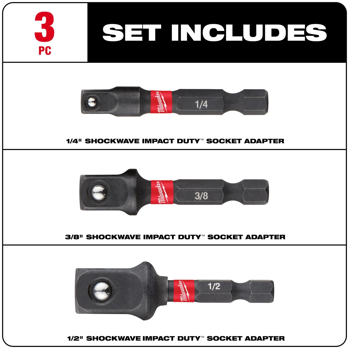 Milwaukee SHOCKWAVE 48-32-5033 3-Piece Hex Shank Socket Adapter Set, 1/4 in Male Drive, 1/4 in Female Drive, Steel