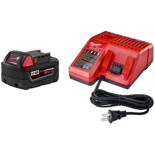 Milwaukee M18 48-59-1850 Battery Starter Kit, 5 Ah, 18 VDC Charge, For Use With M18 XC 5.0 Battery For Use with All Milwaukee M18 Tool, M18 and M12 Multi Voltage Charger For Use with All M18 and M12 Battery Pack