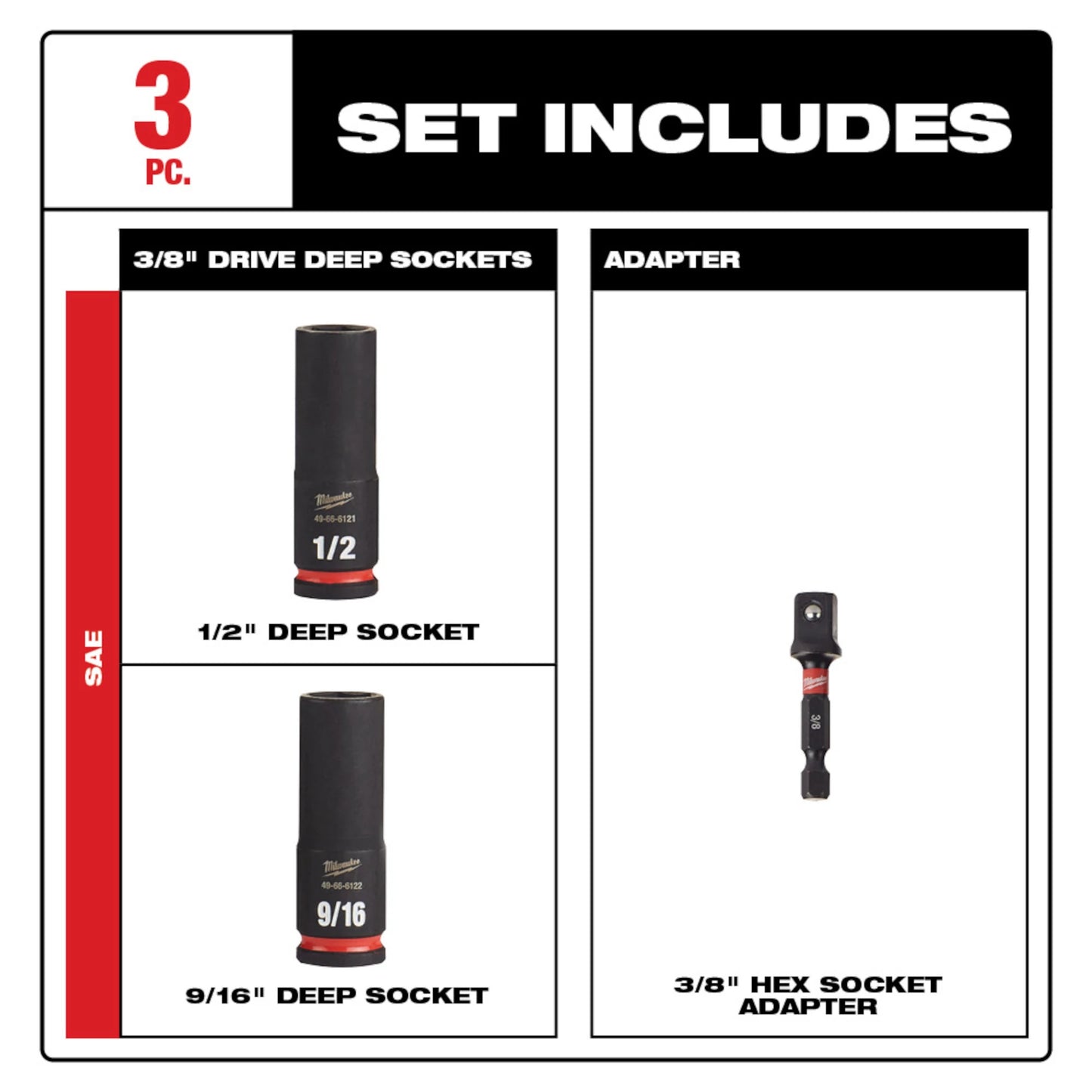 Milwaukee SHOCKWAVE 49-66-4417 Deep Thinwall Socket Set, 6 Points, 3/8 in Drive, 3 Pieces