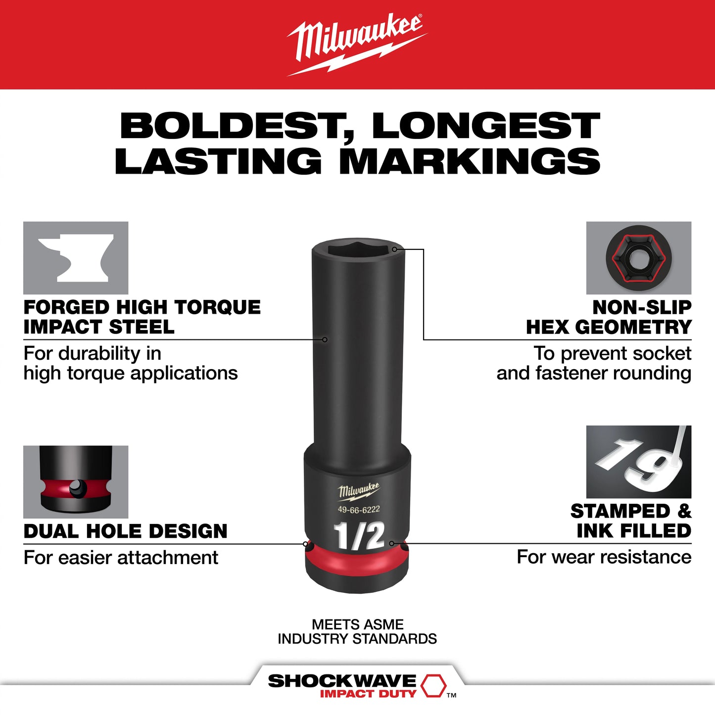 Milwaukee SHOCKWAVE 49-66-4417 Deep Thinwall Socket Set, 6 Points, 3/8 in Drive, 3 Pieces