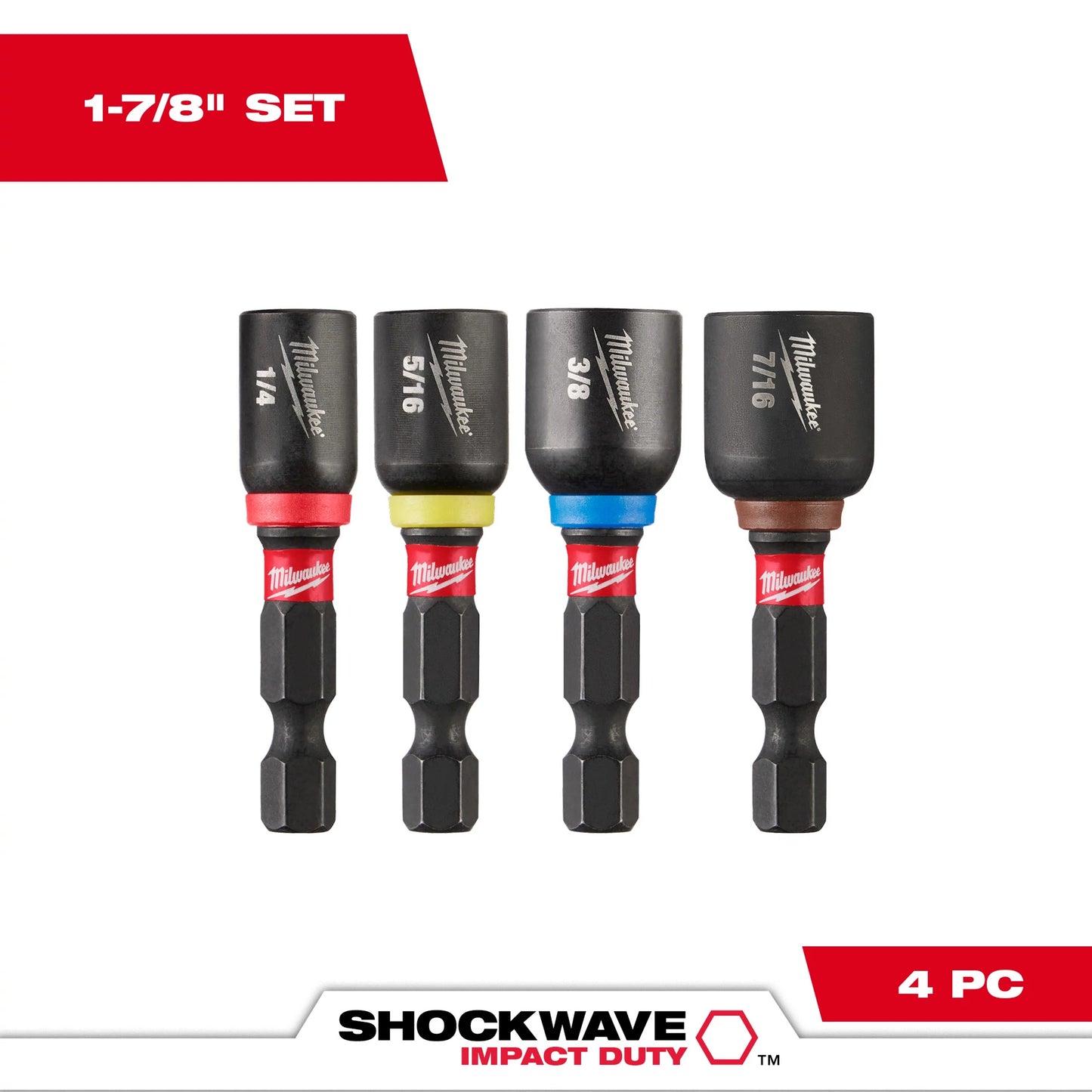 Milwaukee SHOCKWAVE 49-66-4562 4-Piece Magnetic Nut Driver Set, 1/4 in, 5/16 in, 3/8 in, 7/16 in Drive, Proprietary Steel, 1/4 in Hex