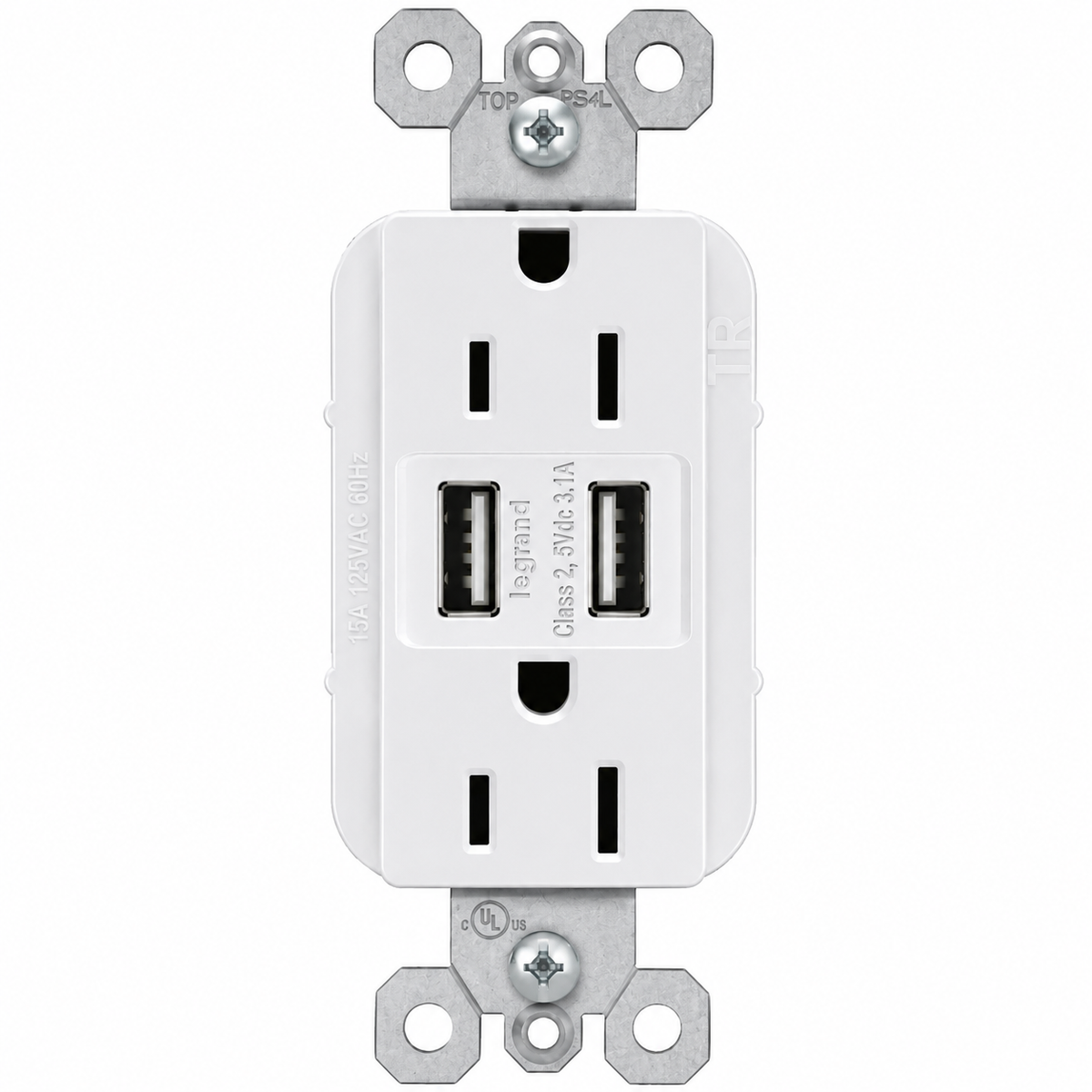 Pass & Seymour TM826USBW TradeMaster Tamper-Resistant Duplex Outlet with Dual USB Charging, 15 A 125 V, White