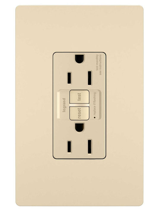 Radiant 1597I Duplex Self-Test GFCI Receptacle, 125 VAC, 15 A, 2 Poles, 3 Wires, Ivory