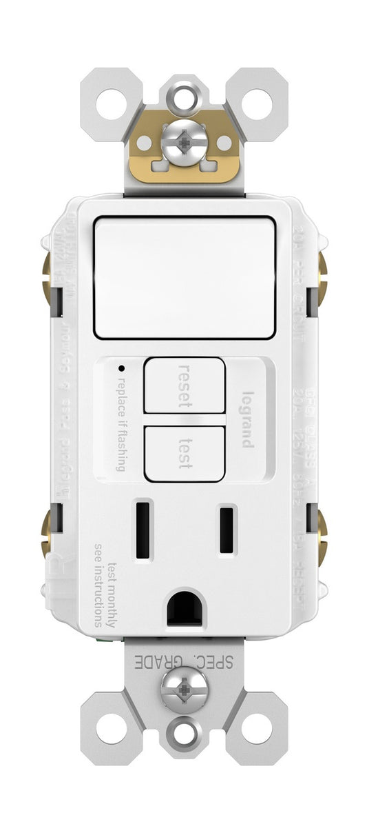 Radiant 1597SWTTRWCCD4 Self-Test Tamper Resistant Combination GFCI/Switch, 125 VAC, 15 A, 1 Pole, White