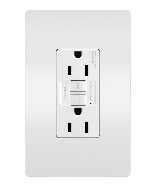 Radiant 1597W Duplex Self-Test GFCI Receptacle, 125 VAC, 15 A, 2 Poles, 3 Wires, White