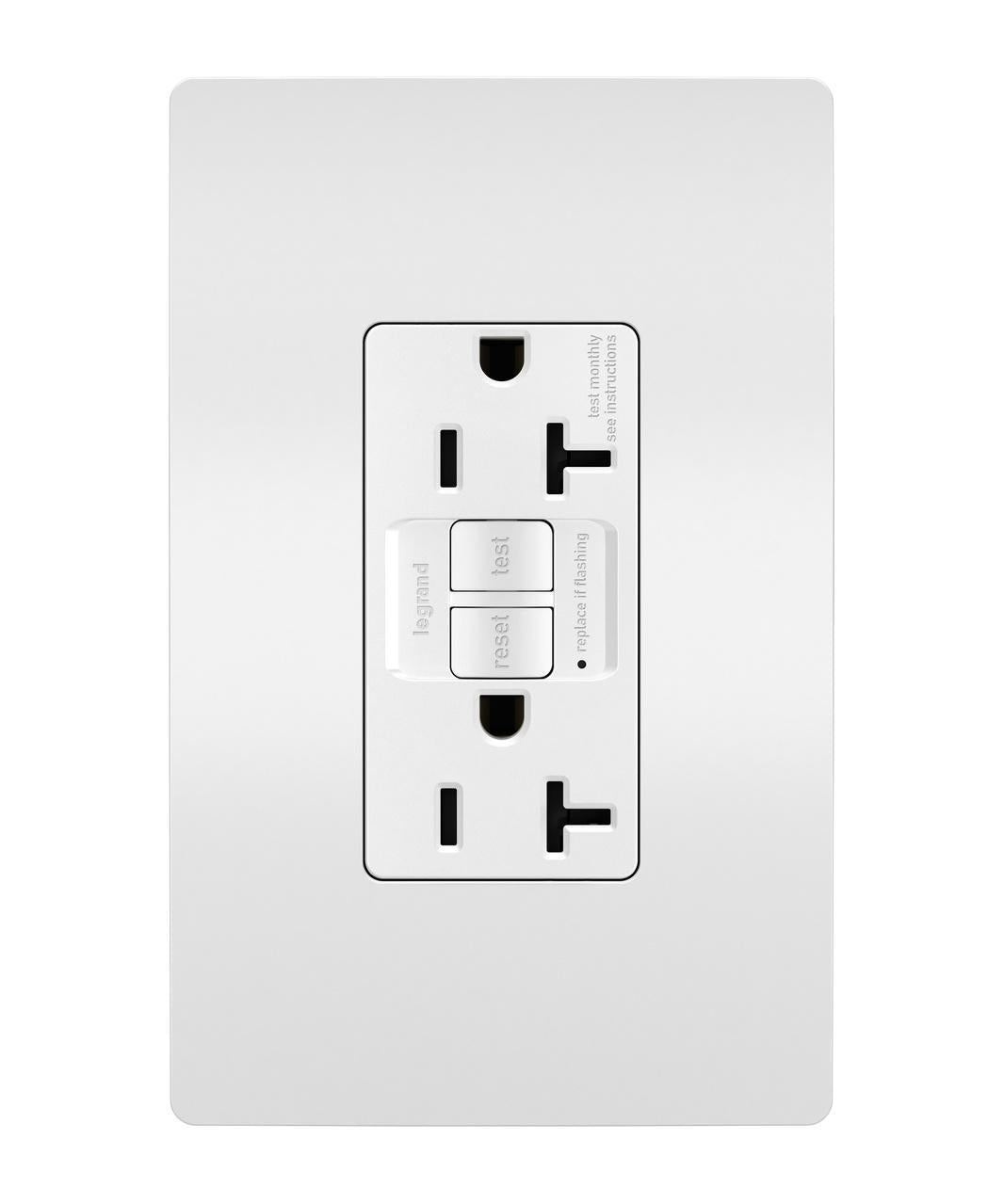 Radiant 2097W Duplex Self-Test GFCI Receptacle, 125 VAC, 20 A, 2 Poles, 3 Wires, White