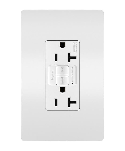 Radiant 2097W Duplex Self-Test GFCI Receptacle, 125 VAC, 20 A, 2 Poles, 3 Wires, White