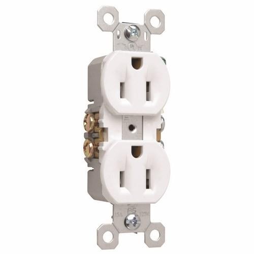 TradeMaster 3232W Duplex Grounding Straight Blade Receptacle, 125 VAC, 15 A, 2 Poles, 3 Wires, White