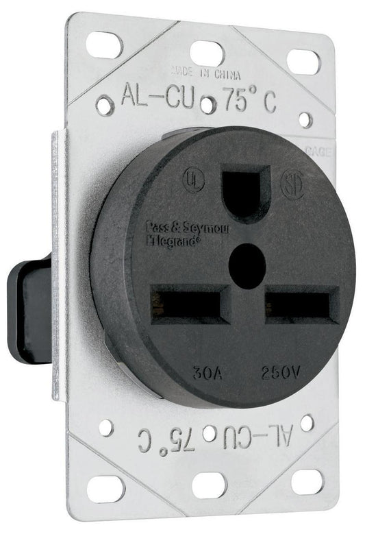 3801 Flush Grounding Straight Blade Receptacle, 250 VAC, 30 A, 2 Poles, 3 Wires, Black