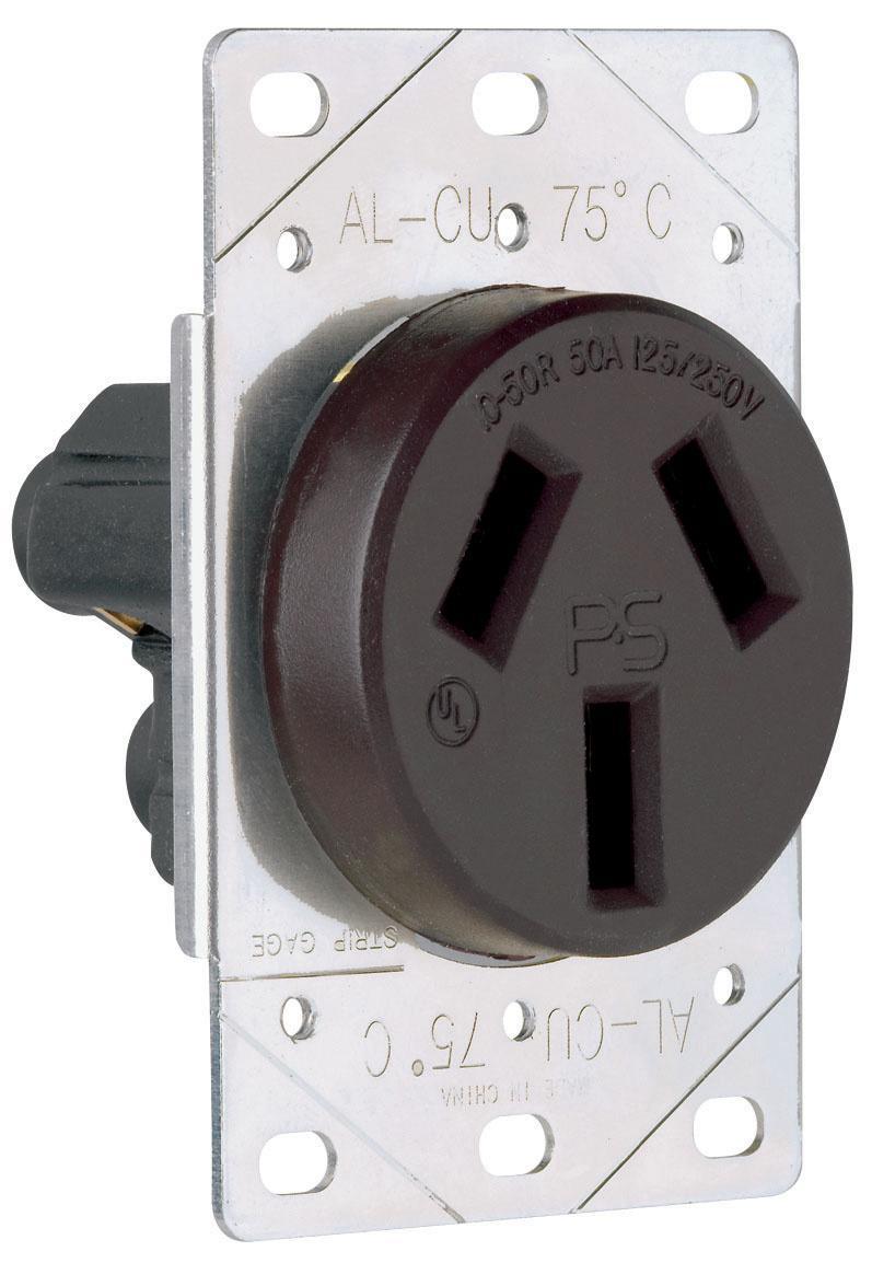 3890 Flush Non-Grounding Straight Blade Receptacle, 125/250 VAC, 50 A, 3 Poles, 3 Wires, Black