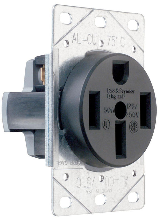 3894 Grounding Straight Blade Receptacle, 125/250 VAC, 50 A, 3 Poles, 4 Wires, Black