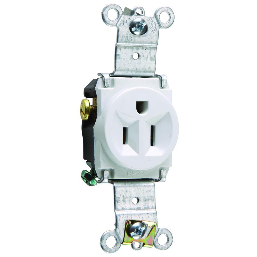 5261W Heavy Duty Single Straight Blade Receptacle, 125 VAC, 15 A, 2 Poles, 3 Wires, White