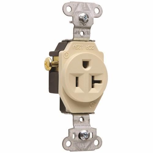 5351I Grounding Heavy Duty Single Straight Blade Receptacle, 125 VAC, 20 A, 2 Poles, 3 Wires, Ivory