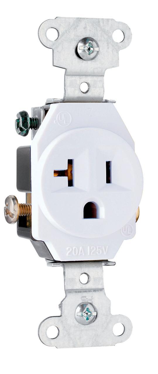 5351W Grounding Heavy Duty Single Straight Blade Receptacle, 125 VAC, 20 A, 2 Poles, 3 Wires, White