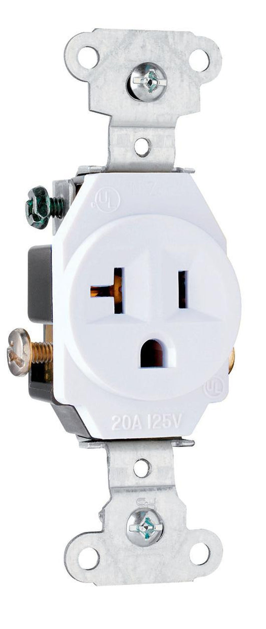 5351W Grounding Heavy Duty Single Straight Blade Receptacle, 125 VAC, 20 A, 2 Poles, 3 Wires, White