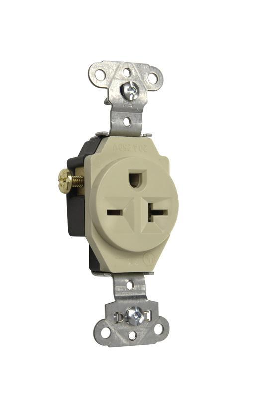 5851I Grounding Heavy Duty Single Straight Blade Receptacle, 250 VAC, 20 A, 2 Poles, 3 Wires, Ivory