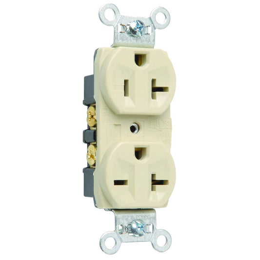 5890I Combination Duplex Straight Blade Receptacle, 125/250 VAC, 20 A, 2 Poles, 3 Wires, Ivory