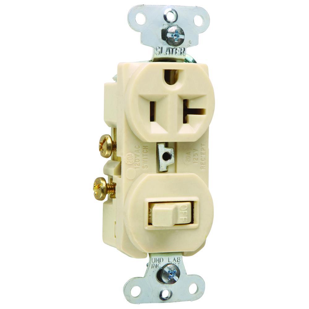 671I Standard Straight Blade Toggle Combination Switch/Receptacle, 20 A, 120/125 VAC, 1 Pole, 3 Wires, 14 to 12 AWG Wire