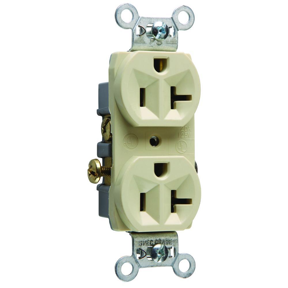 CR20I Duplex Straight Blade Receptacle, 125 VAC, 20 A, 2 Poles, 3 Wires, Ivory