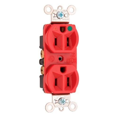 IG8200RED Duplex Heavy Duty Isolated Ground Straight Blade Receptacle, 125 VAC, 15 A, 2 Poles, 3 Wires, Red