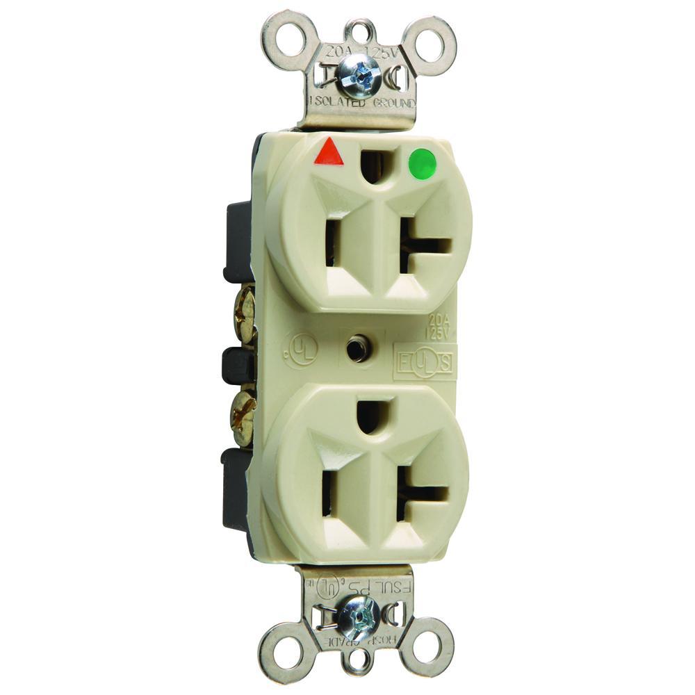 IG8300I Duplex Heavy Duty Isolated Ground Straight Blade Receptacle, 125 VAC, 20 A, 2 Poles, 3 Wires, Ivory