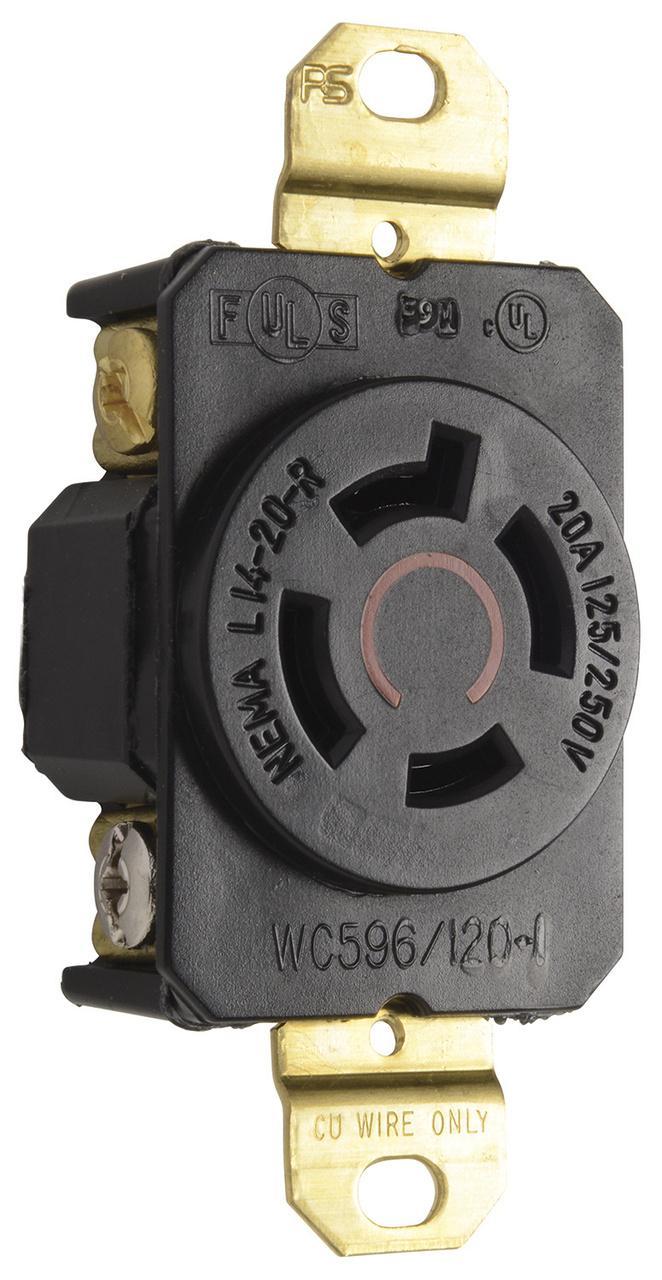 Turnlok L1420-R Single Locking Receptacle, 125/250 VAC, 20 A, 2 Poles, 3 Wires, Black/White