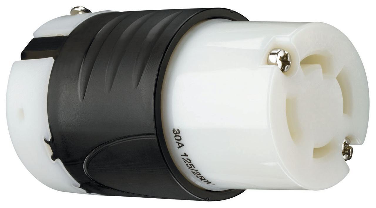 Turnlok L1430-C Locking Connector, 125/250 VAC, 30 A, 2 Poles, 3 Wires, Black/White
