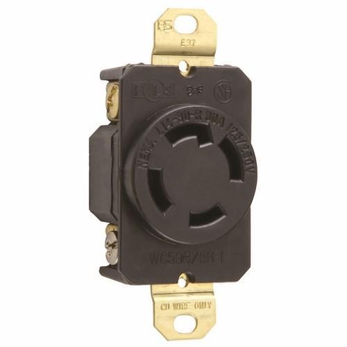 Turnlok L1430-R Single Locking Receptacle, 125/250 VAC, 30 A, 2 Poles, 3 Wires, Black/White
