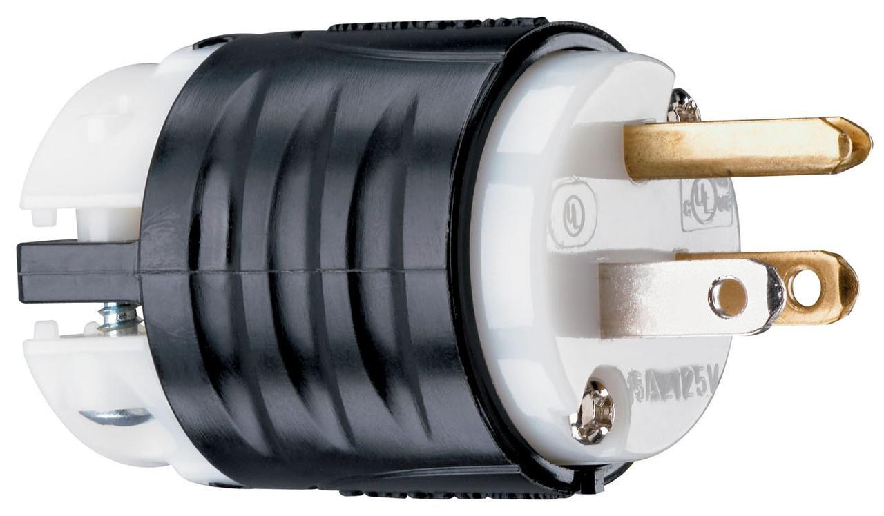 PS5266X Extra Hard Use Wire Grounding Straight Blade Plug, 125 VAC, 15 A, 2 Poles, 3 Wires, Black/White