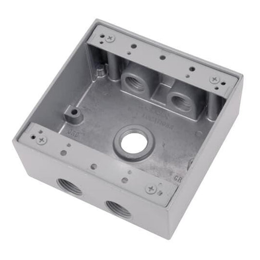 2IH5-1 Universal Weatherproof Box, Die Cast Aluminum, 31.8 cu-in Capacity, 2 Gangs, 5 Outlets, 4-9/16 in L x 4-5/8 in W x 2-1/16 in D