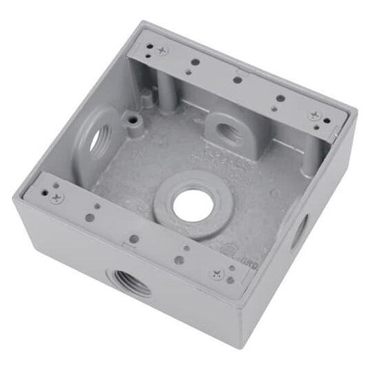 2IH5S2-1 Universal Weatherproof Box, Die Cast Aluminum, 31.8 cu-in Capacity, 2 Gangs, 5 Outlets, 4-9/16 in L x 4-5/8 in W x 2-1/16 in D