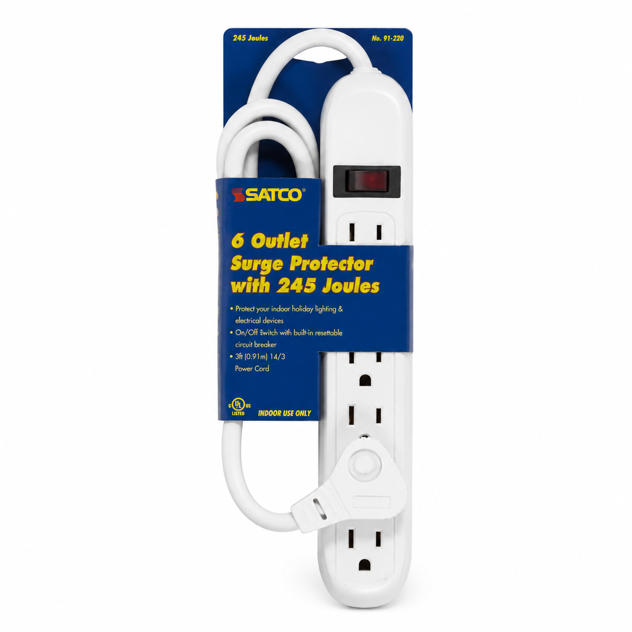SATCO® 91-220 Standard Surge Strip With Flat Plug, 125 VAC, 15 A, 6 Outlets, 3 ft L Cord