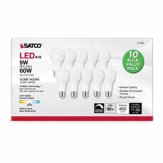 SATCO® S11401 10-Pack, A19 LED Light Bulbs, 9W, 60W Incandescent Equivalent, E26 Medium Base