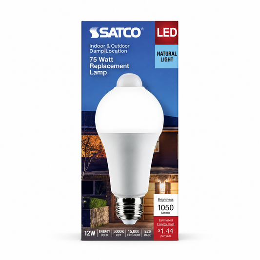 SATCO® S11446 A19 LED Light Bulb with PIR Motion Sensor, 12W, 75W Incandescent Equivalent, E26 Medium Base, 5000K, Non-Dimmable