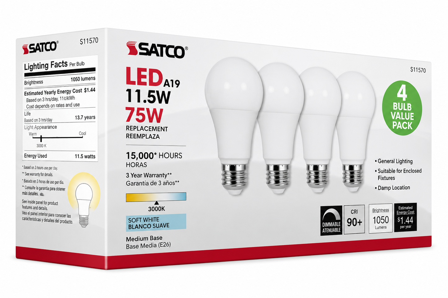 SATCO® S28770 4-Pack, A19 Type A LED Light Bulbs, 11.5W, 75W Incandescent Equivalent, E26 Medium Base, 5000K, Non-Dimmable