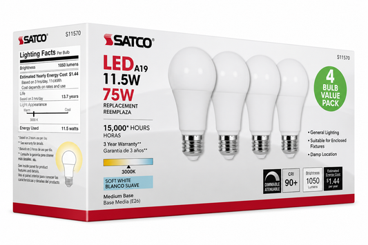 SATCO® S28770 4-Pack, A19 Type A LED Light Bulbs, 11.5W, 75W Incandescent Equivalent, E26 Medium Base, 5000K, Non-Dimmable