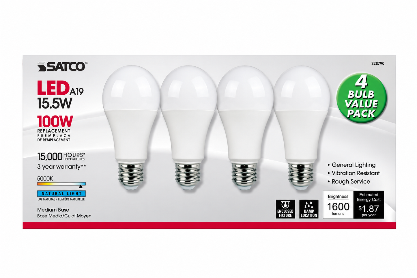 SATCO® S28790 4-Pack, A19 Type A LED Light Bulbs, 15.5W, 100W Incandescent Equivalent, E26 Medium Base, 5000K, Non-Dimmable
