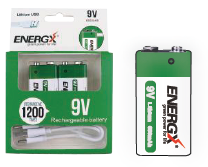 Energx® Lithium USB Rechargeable 9V Battery, 2-Pack