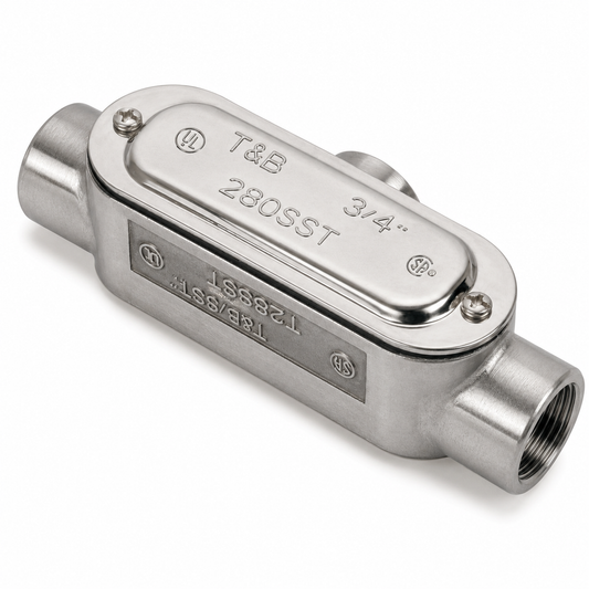 T&B® T28SST Type T Conduit Body With Cover, Gasket and Screw, 3/4 in Hub, Form 8 Form, 9 cu-in Capacity, 316 Stainless Steel, Polished