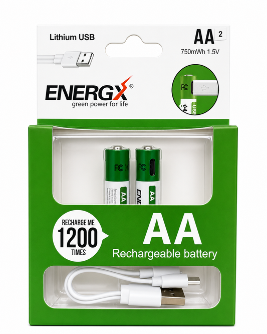 Energx Lithium USB Rechargeable AA Battery, 2-Pack