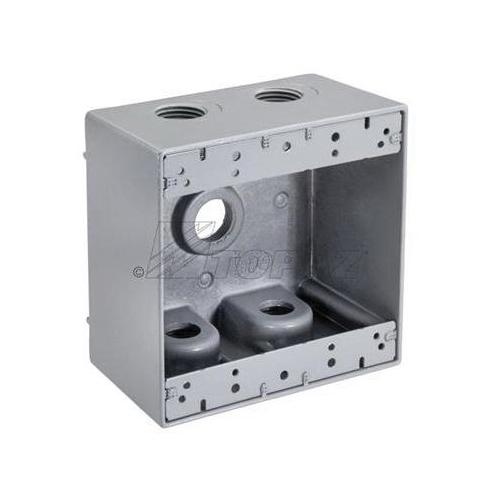 WB2575 5-Hole Weatherproof Box With Knockout, Copper-Free Die Cast Aluminum, 31 cu in Capacity, 2 Gangs, 2 Outlets, 4.56 in W x 2 in D x 4.56 in H